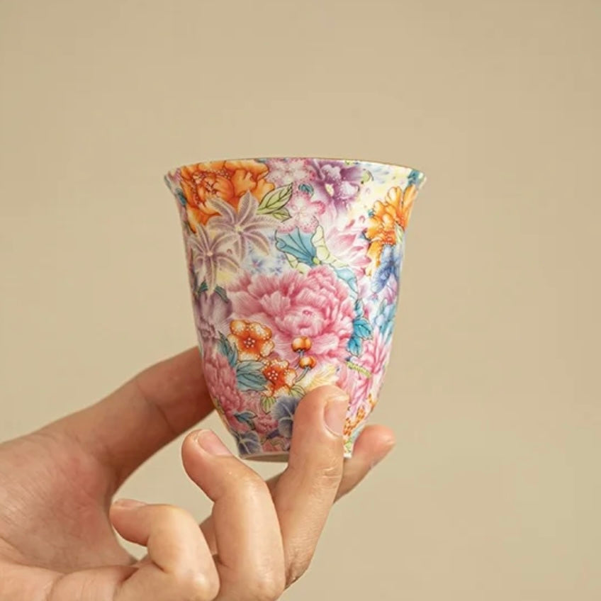 Colorful Floral Pattern Ceramic Tea Cup, Vibrant Tea Ware