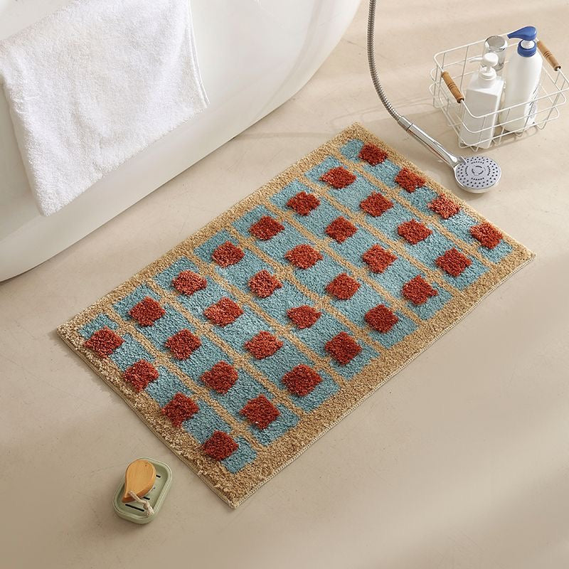bathroom decor, grid red and yellow bath mat, decor ideas
