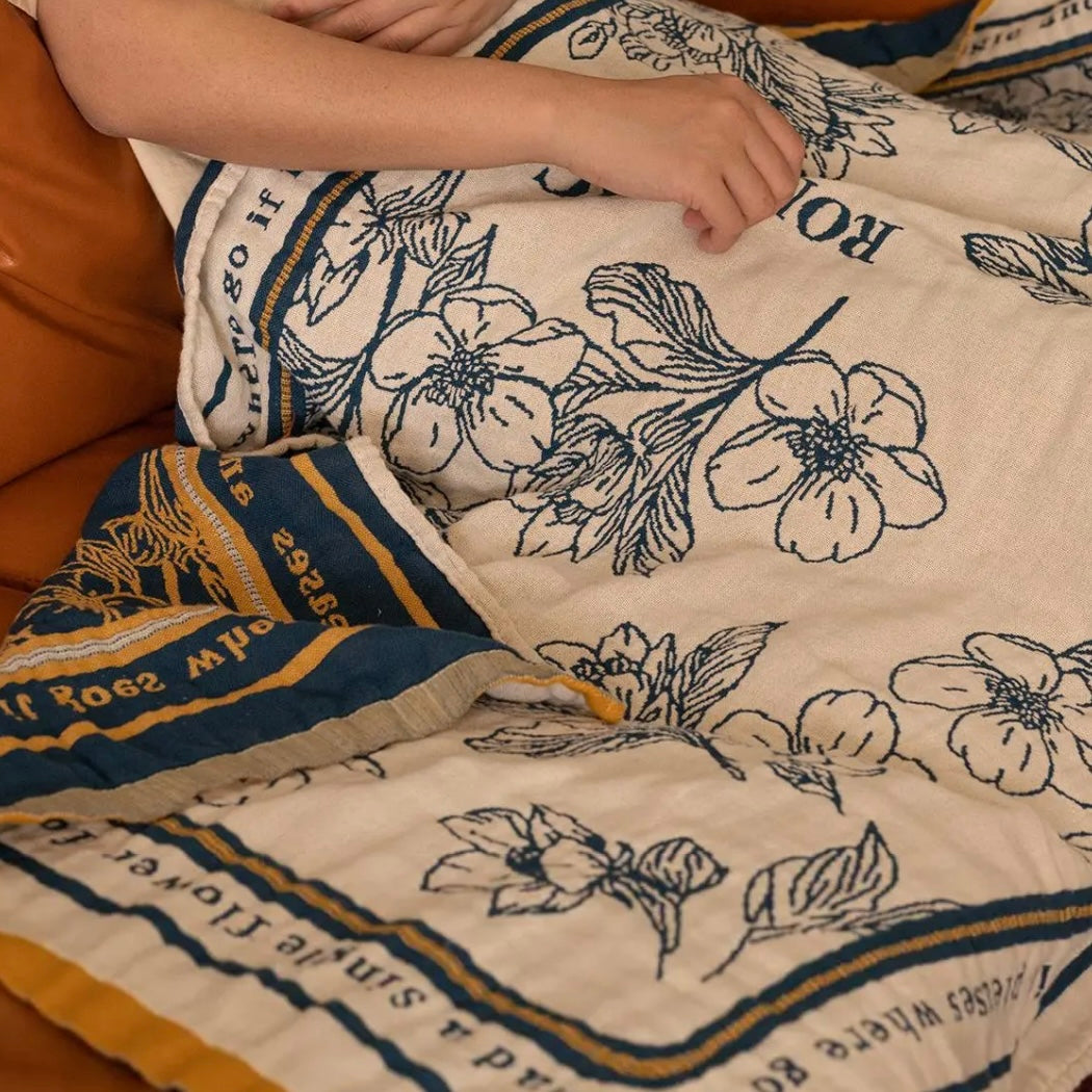 Blue Floral Pattern Beige Throw Blanket, Elegant & Cozy Decor