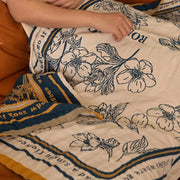 Blue Floral Pattern Beige Throw Blanket, Elegant & Cozy Decor