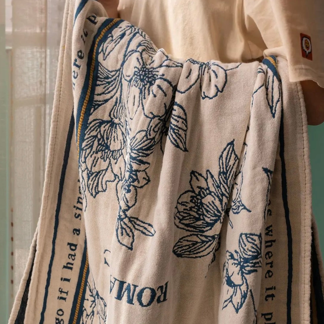 Blue Floral Pattern Beige Throw Blanket, Elegant & Cozy Decor
