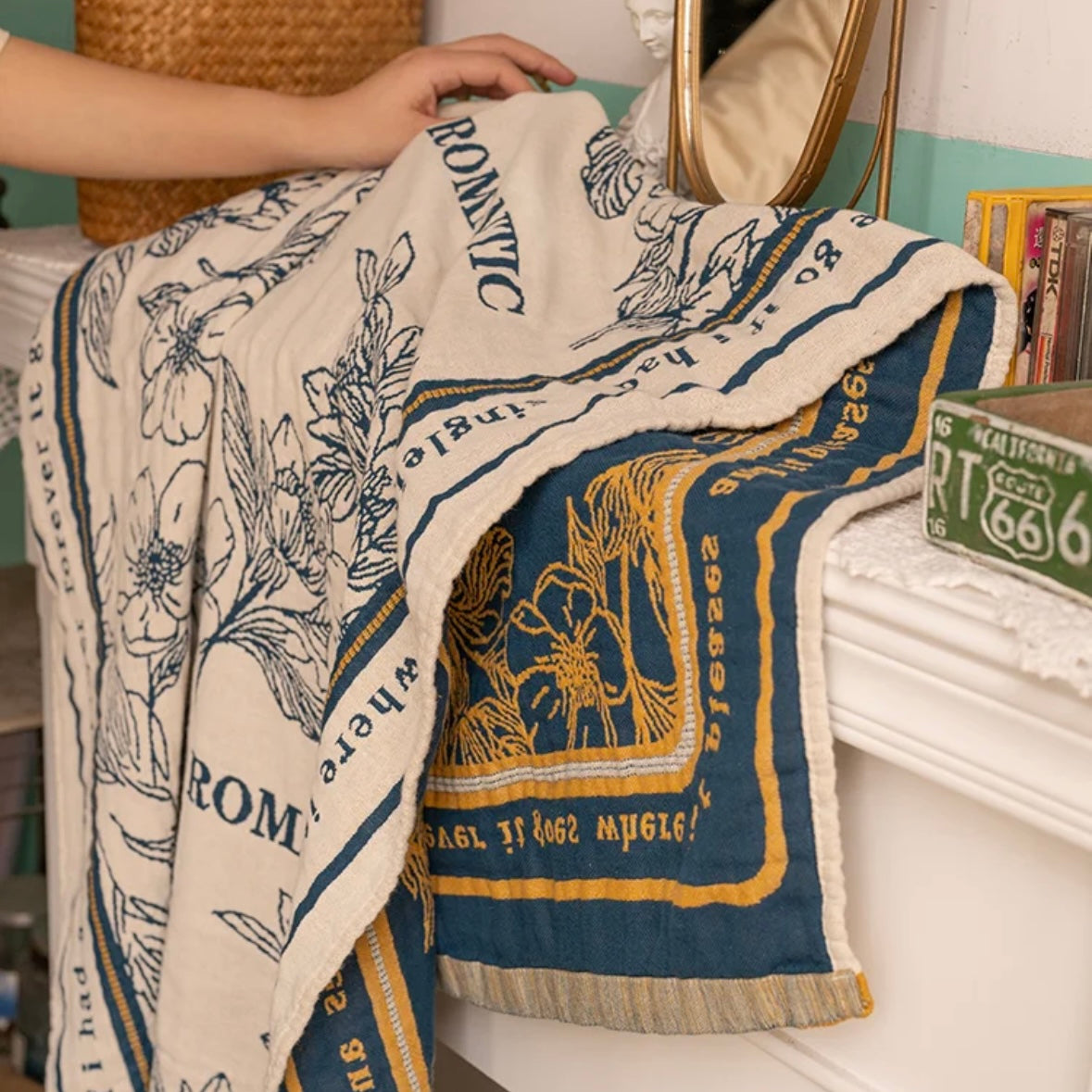 Blue Floral Pattern Beige Throw Blanket, Elegant & Cozy Decor