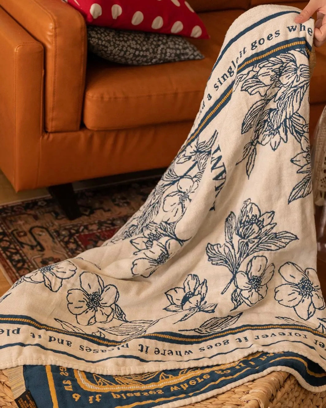 Blue Floral Pattern Beige Throw Blanket, Elegant & Cozy Decor