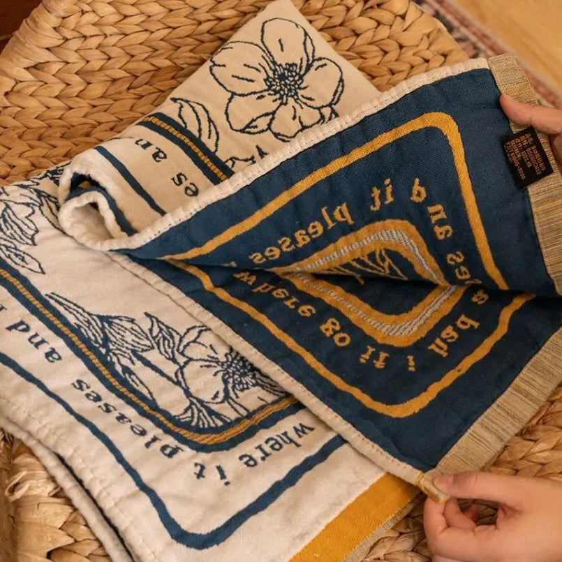 Blue Floral Pattern Beige Throw Blanket, Elegant & Cozy Decor