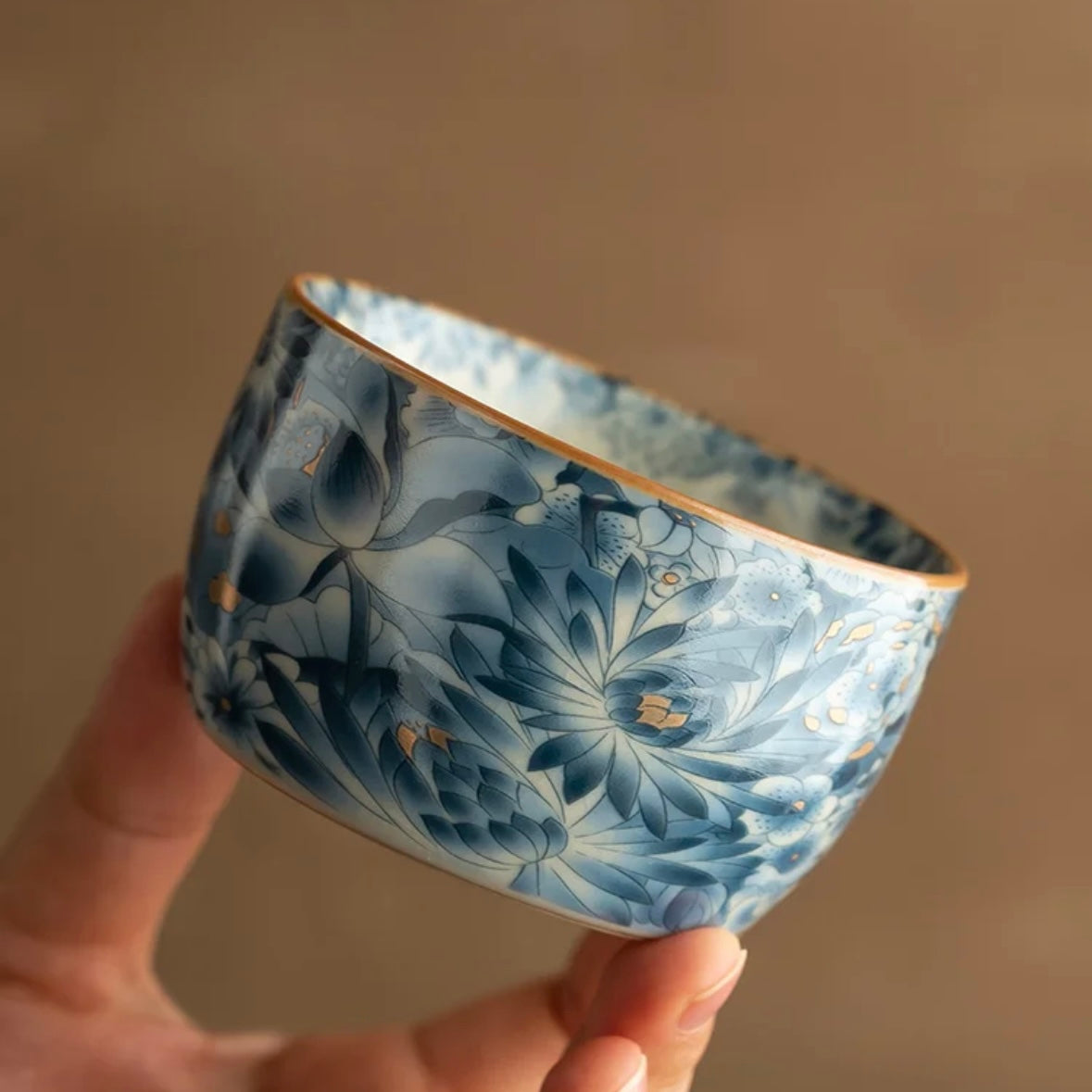 Blue Lotus Ceramic Tea Cup, Elegant Teaware