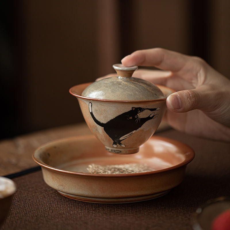 Cat Pattern Gaiwan Tea Cup, Chinese Ceramic Teaware 