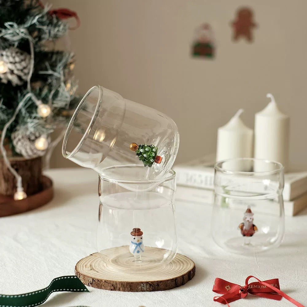 Christmas-Themed Glass Cups, Tree, Snowman & Santa