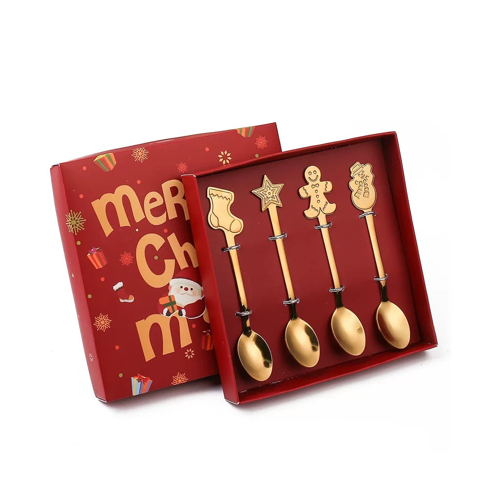 Christmas 4 Pieces Spoons Set. A festive set of four spoons designed with Christmas-themed accents, perfect for holiday meals and seasonal gatherings.