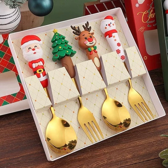 Christmas Forks and Spoons Set, 4-Piece Festive Flatware