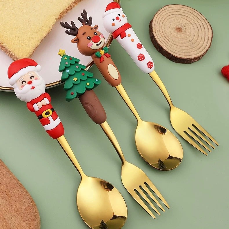 Christmas Forks and Spoons Set, 4-Piece Festive Flatware