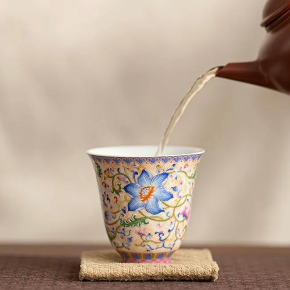 Colorful Chinese traditional ceramic tea cup with vibrant patterns and elegant design, ideal for tea lovers and cultural enthusiasts.