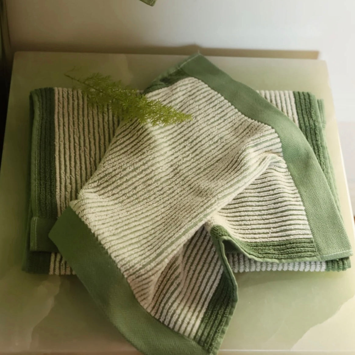 Green Striped Cotton Bath Towel, Soft Bathroom Essential