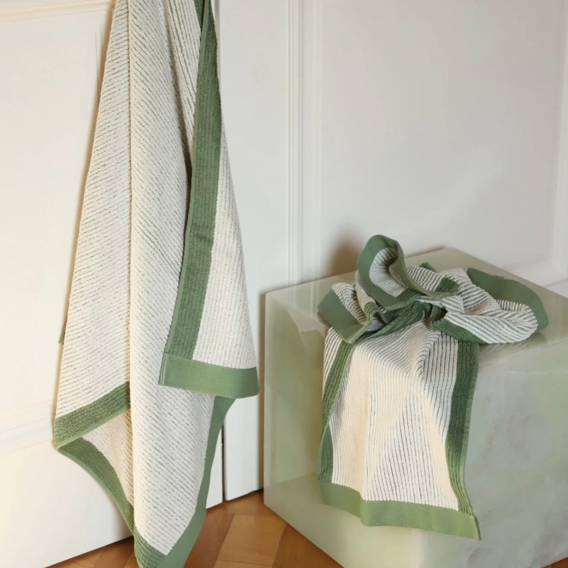 Green Striped Cotton Bath Towel, Soft Bathroom Essential