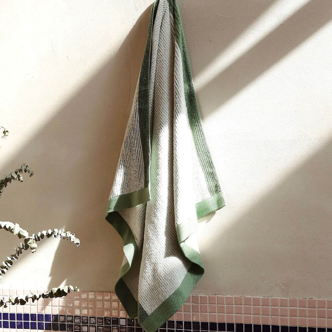 Green Striped Cotton Bath Towel, Soft Bathroom Essential