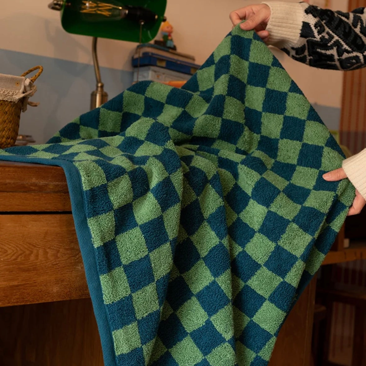 Green and Blue Checkered Cotton Bath Towel, Soft & Absorbent Bathroom Essential