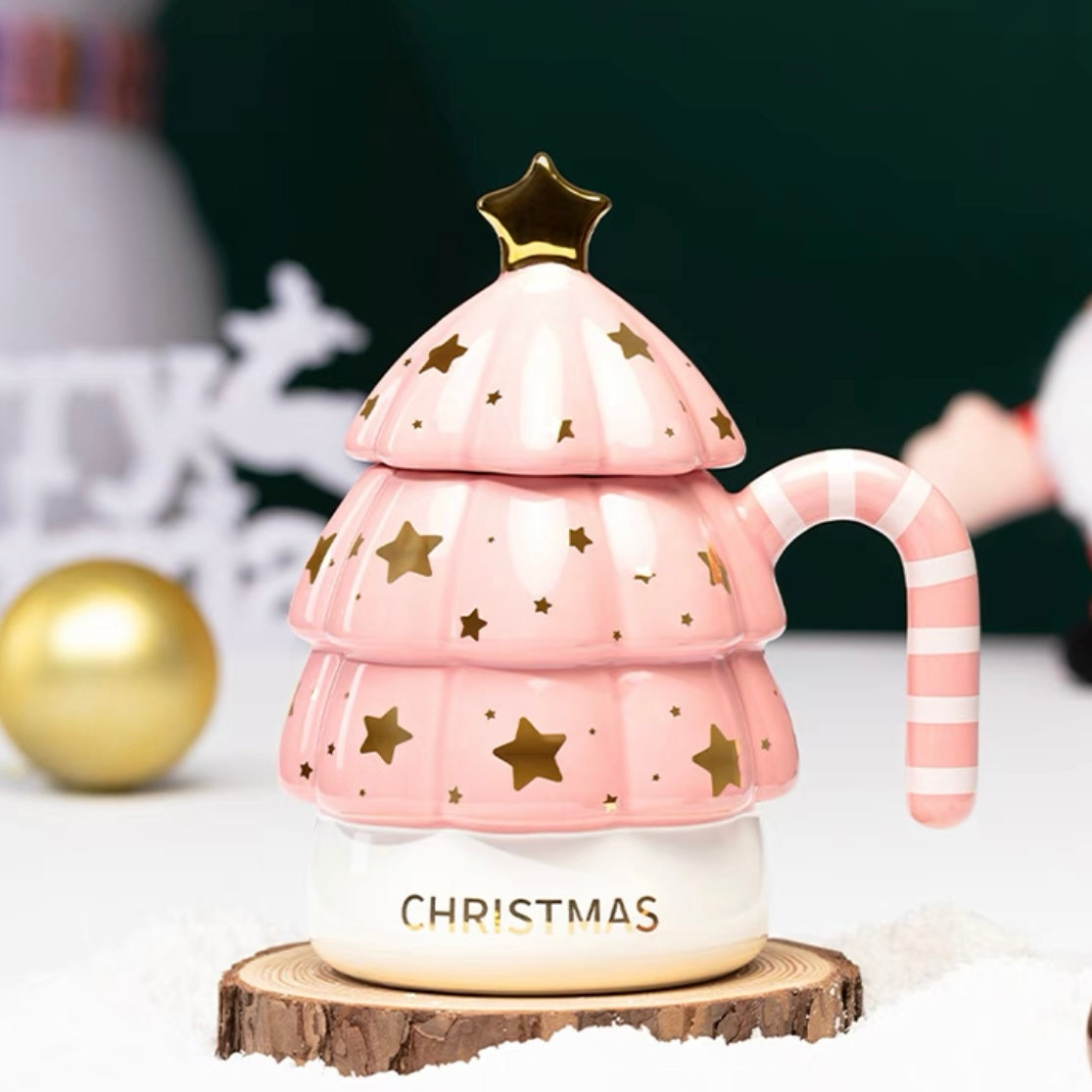 Pink Christmas Tree Shaped Mug, Festive Holiday Mug