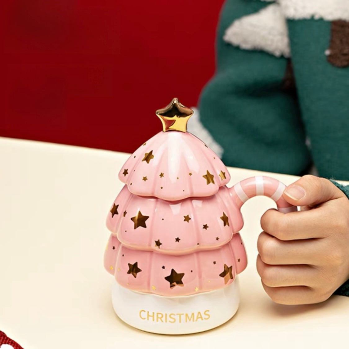 Pink Christmas Tree Shaped Mug, Festive Holiday Mug