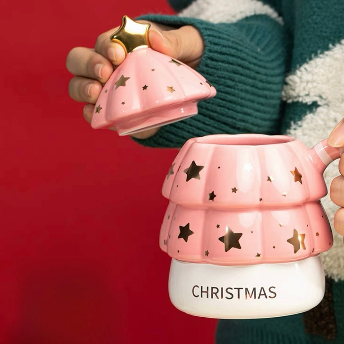 Pink Christmas Tree Shaped Mug, Festive Holiday Mug