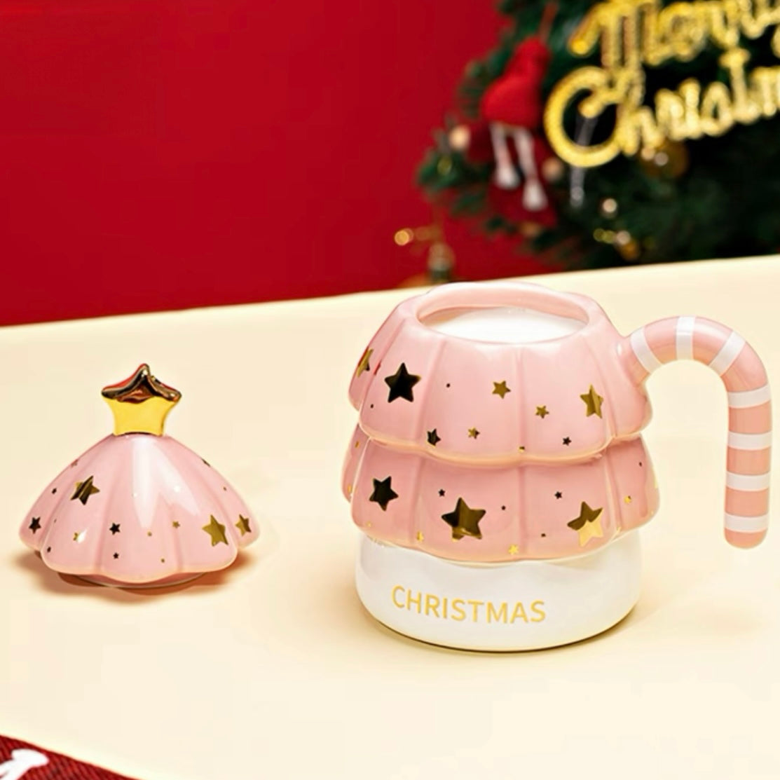 Pink Christmas Tree Shaped Mug, Festive Holiday Mug