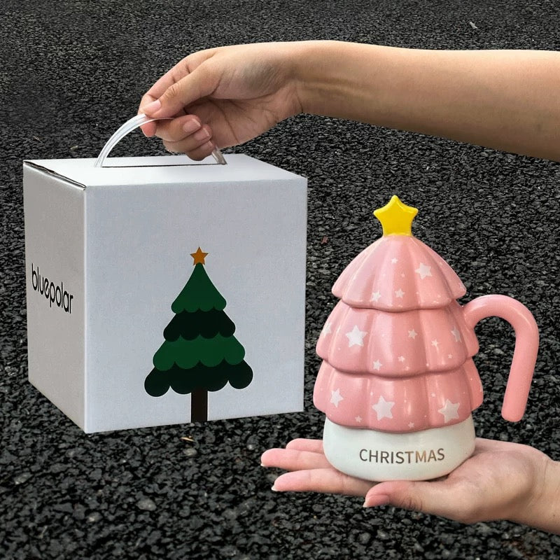 Pink Christmas Tree Shaped Mug, Festive Holiday Mug with christmas wrap and packaging.