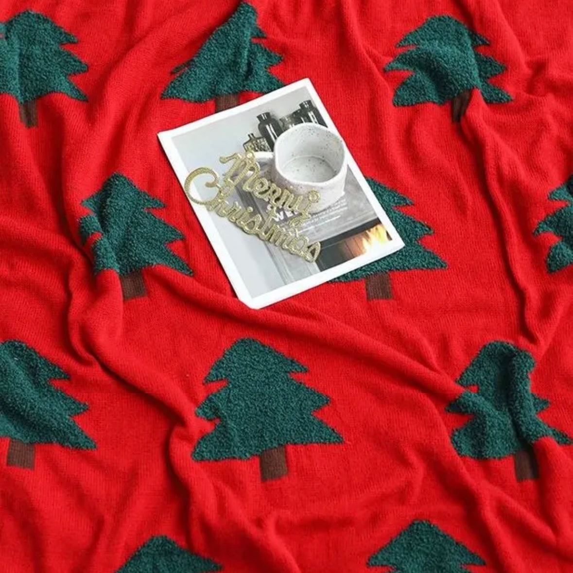 Red & Green Christmas Tree Throw Blanket, Festive Bed Decor