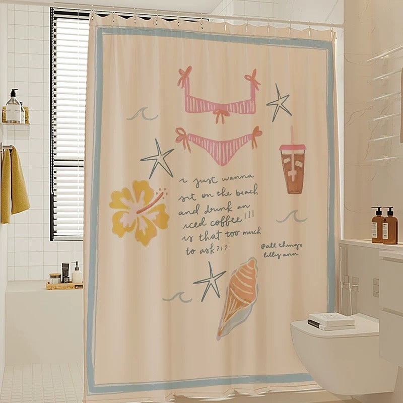 Beach-themed Waterproof Shower Curtain – A vibrant shower curtain featuring with swimsuit, shell pattern and beach designs, perfect for creating a coastal-inspired bathroom.