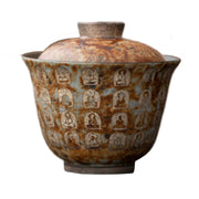 Thousand Buddha Brown Ceramic Gaiwan Tea Cup, Elegant & Spiritual Teaware