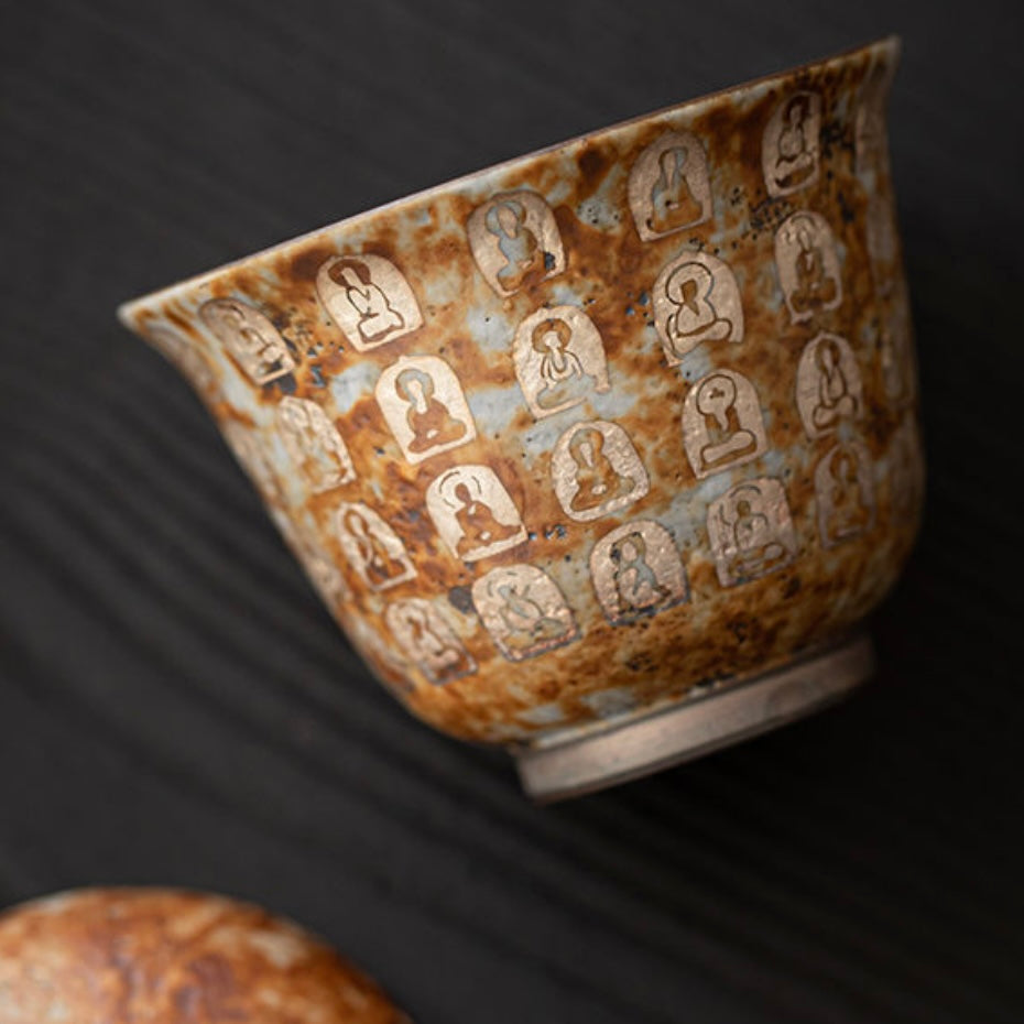 Thousand Buddha Brown Ceramic Gaiwan Tea Cup, Elegant & Spiritual Teaware