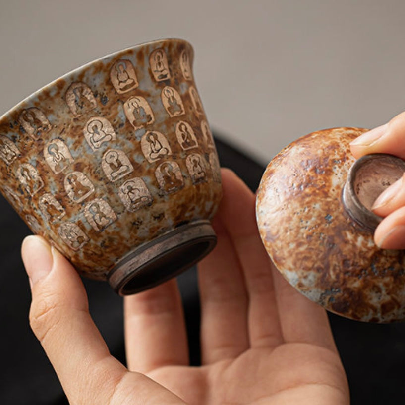 Thousand Buddha Brown Ceramic Gaiwan Tea Cup, Elegant & Spiritual Teaware