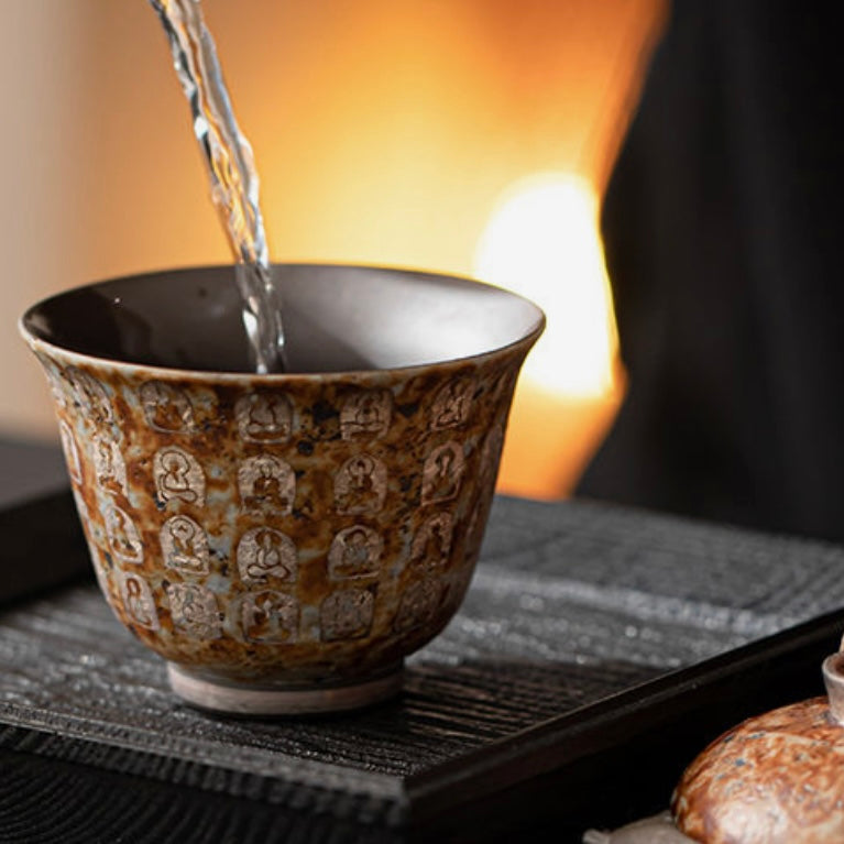 Thousand Buddha Brown Ceramic Gaiwan Tea Cup, Elegant & Spiritual Teaware