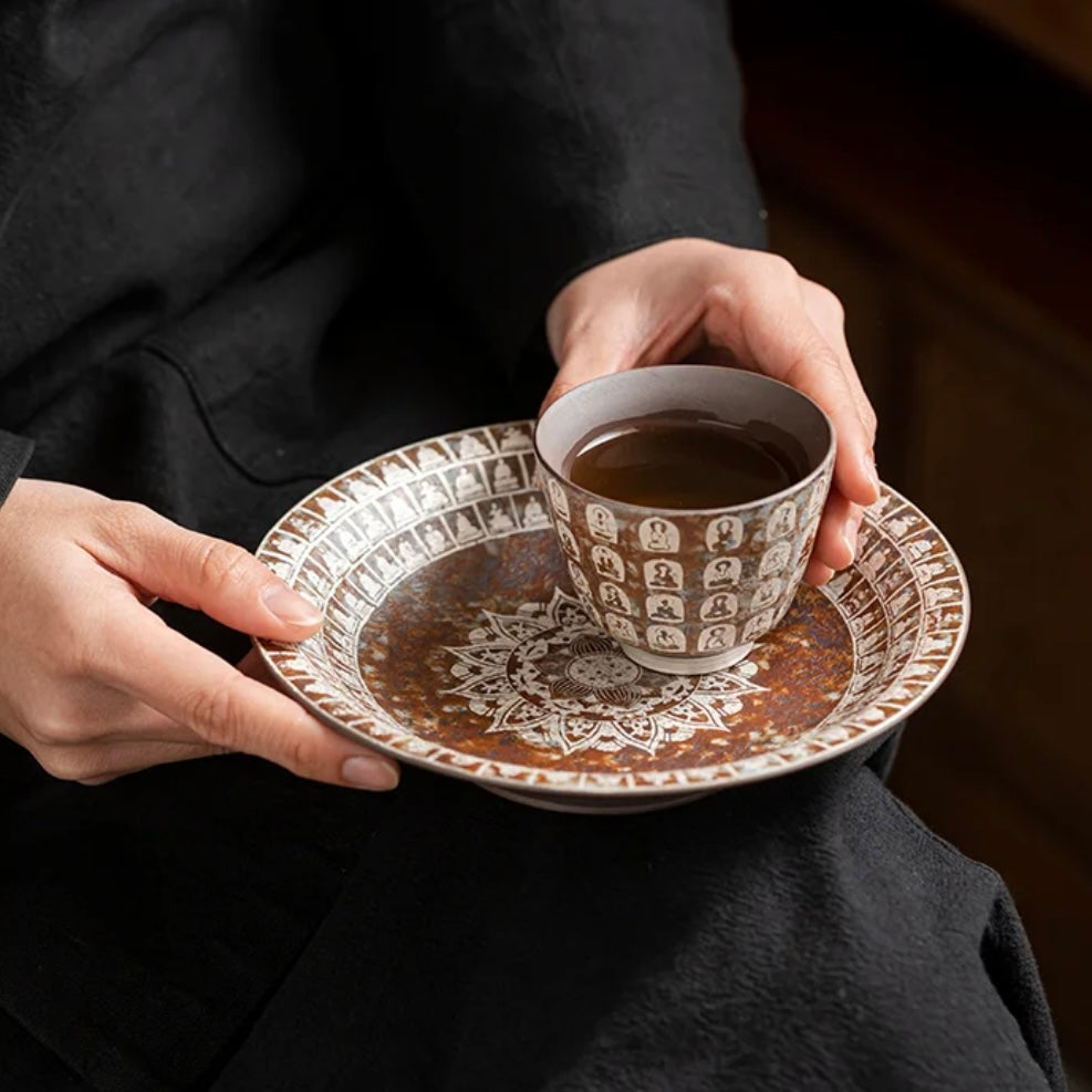Thousand Buddha Ceramic Tea Cup Coaster, Unique Teaware, Elegant & Unique Design.