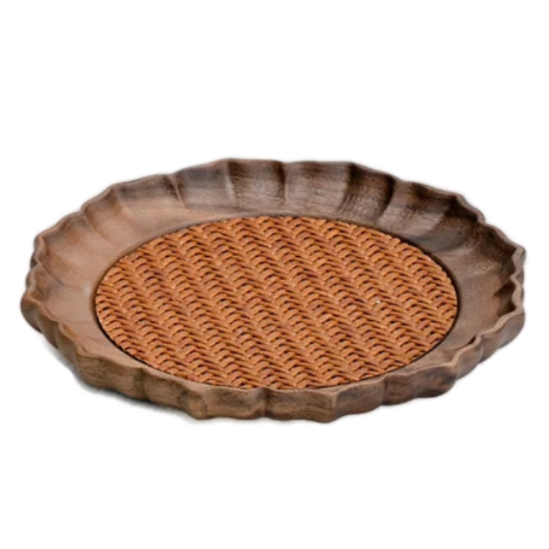 Walnut Wood and Rattan Coaster Plate. A beautifully crafted coaster and plate made from walnut wood and rattan, perfect for elevating your home decor and protecting your furniture.