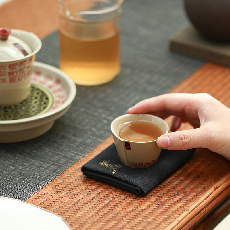 White Ceramic Tea Cup with Red Chinese Characters, Elegant and Cultural traditional teaware