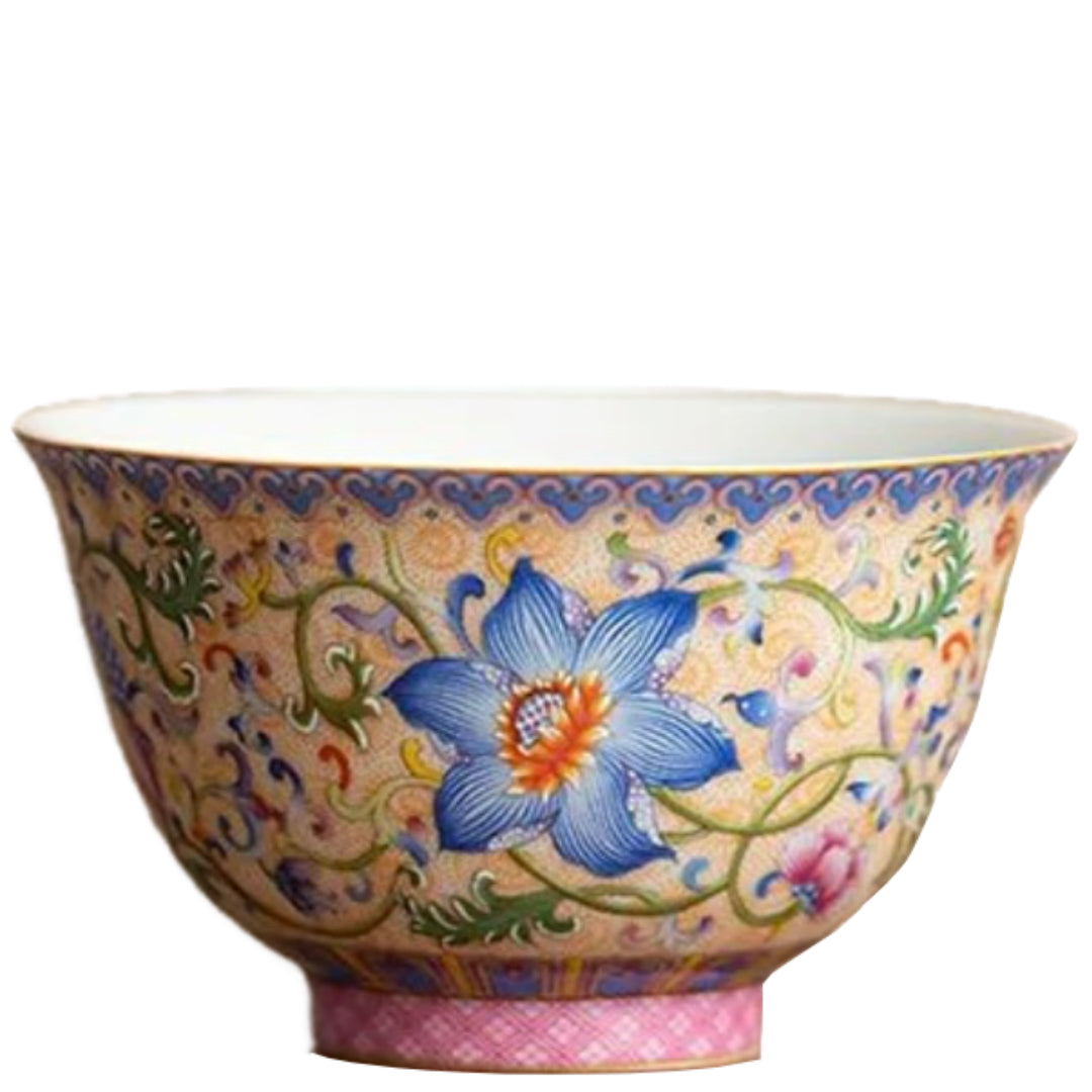 Yellow and Blue Floral Tea Cup, Elegant Ceramic Teaware