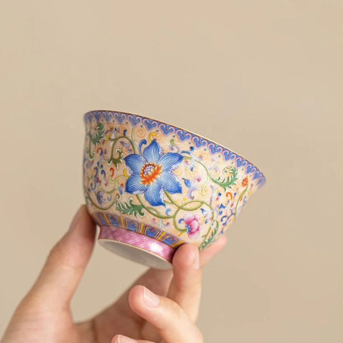 Yellow and Blue Floral Tea Cup, Elegant Ceramic Teaware