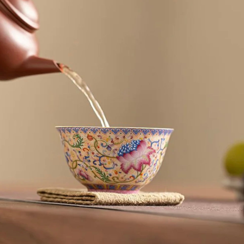 Yellow and Blue Floral Tea Cup, Elegant Ceramic Teaware