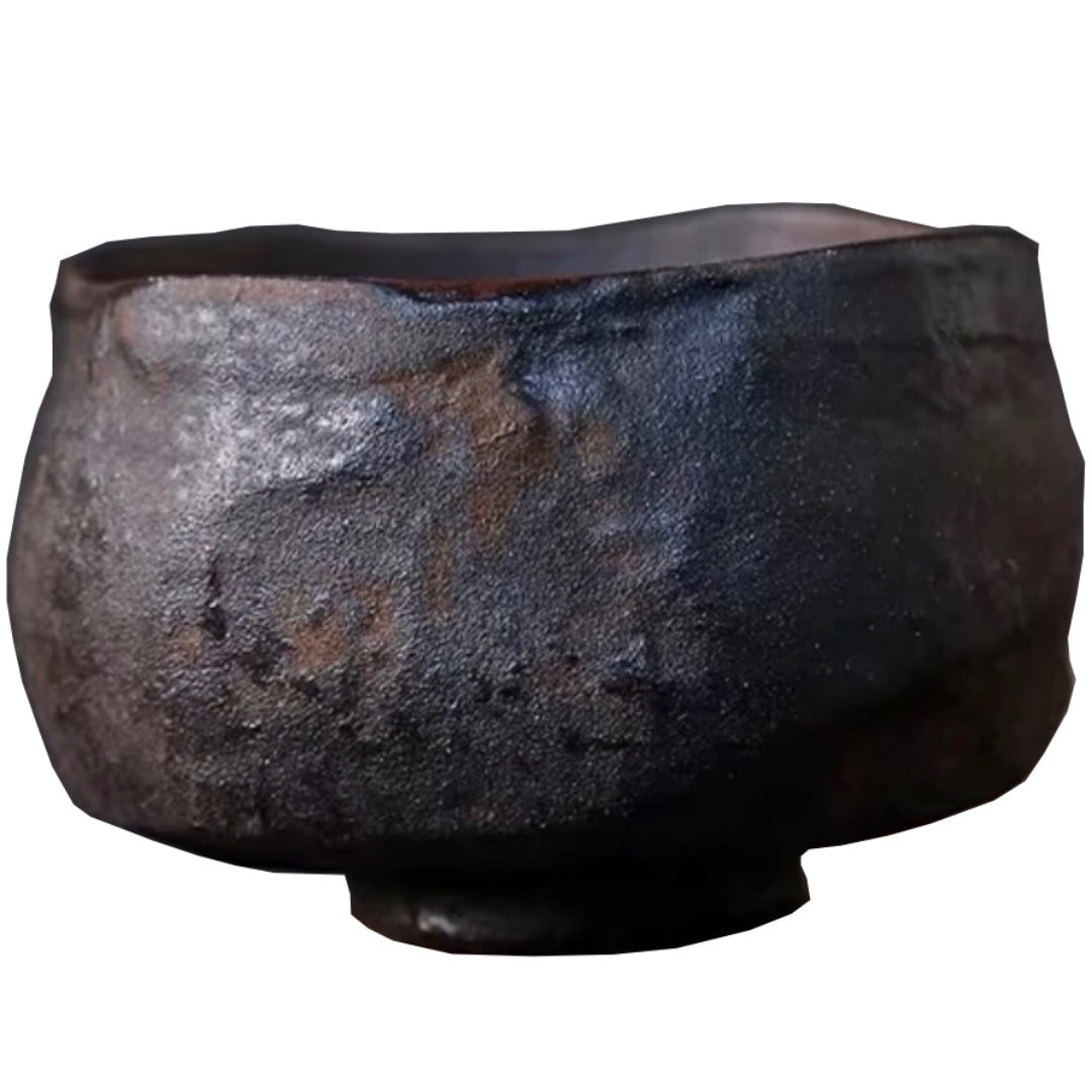 Traditional coarse pottery tea cup with rustic texture and handcrafted design, ideal for an authentic tea-drinking experience.