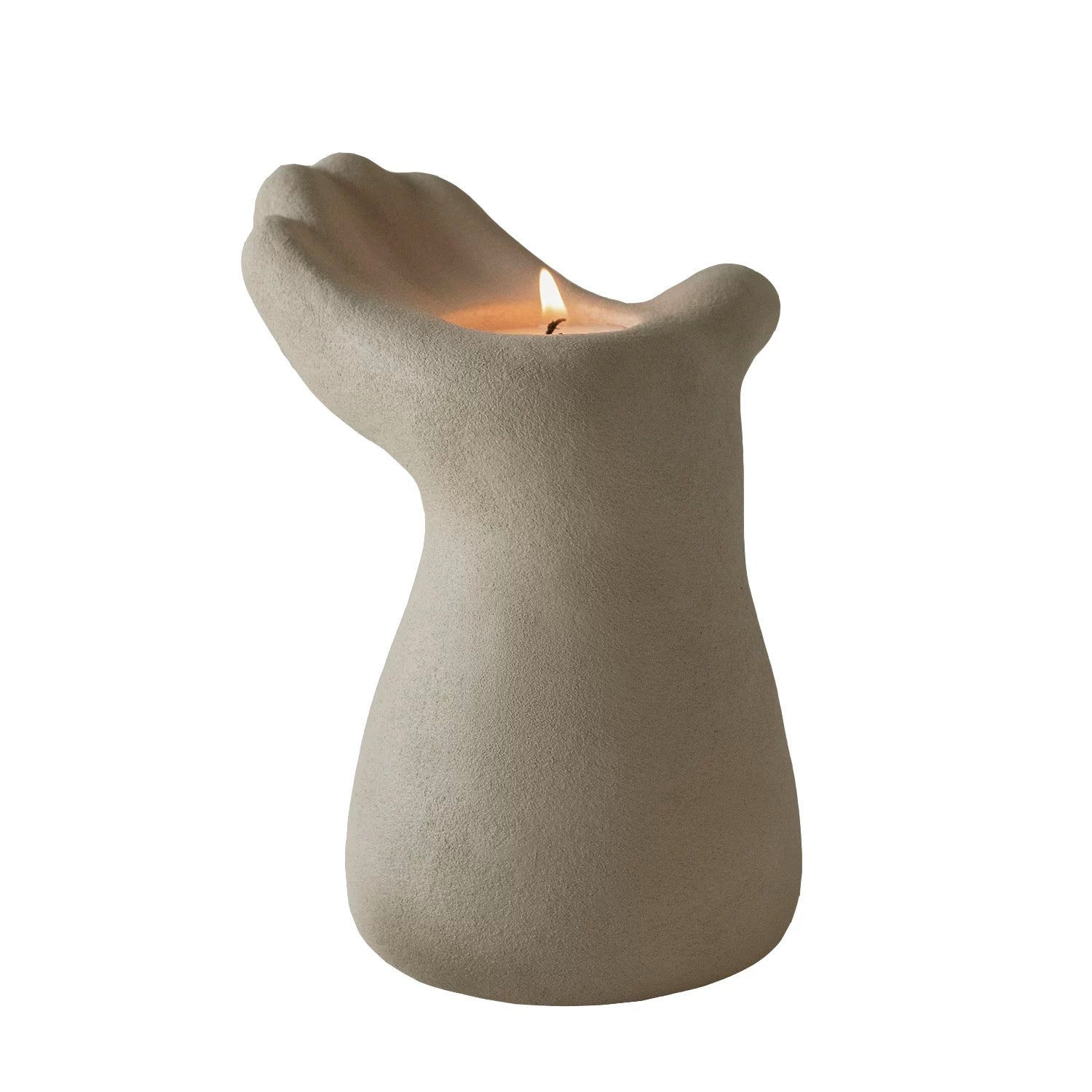 hand-shaped candle holder, designed with an upward-facing palm cradling a candle for a captivating artistic touch