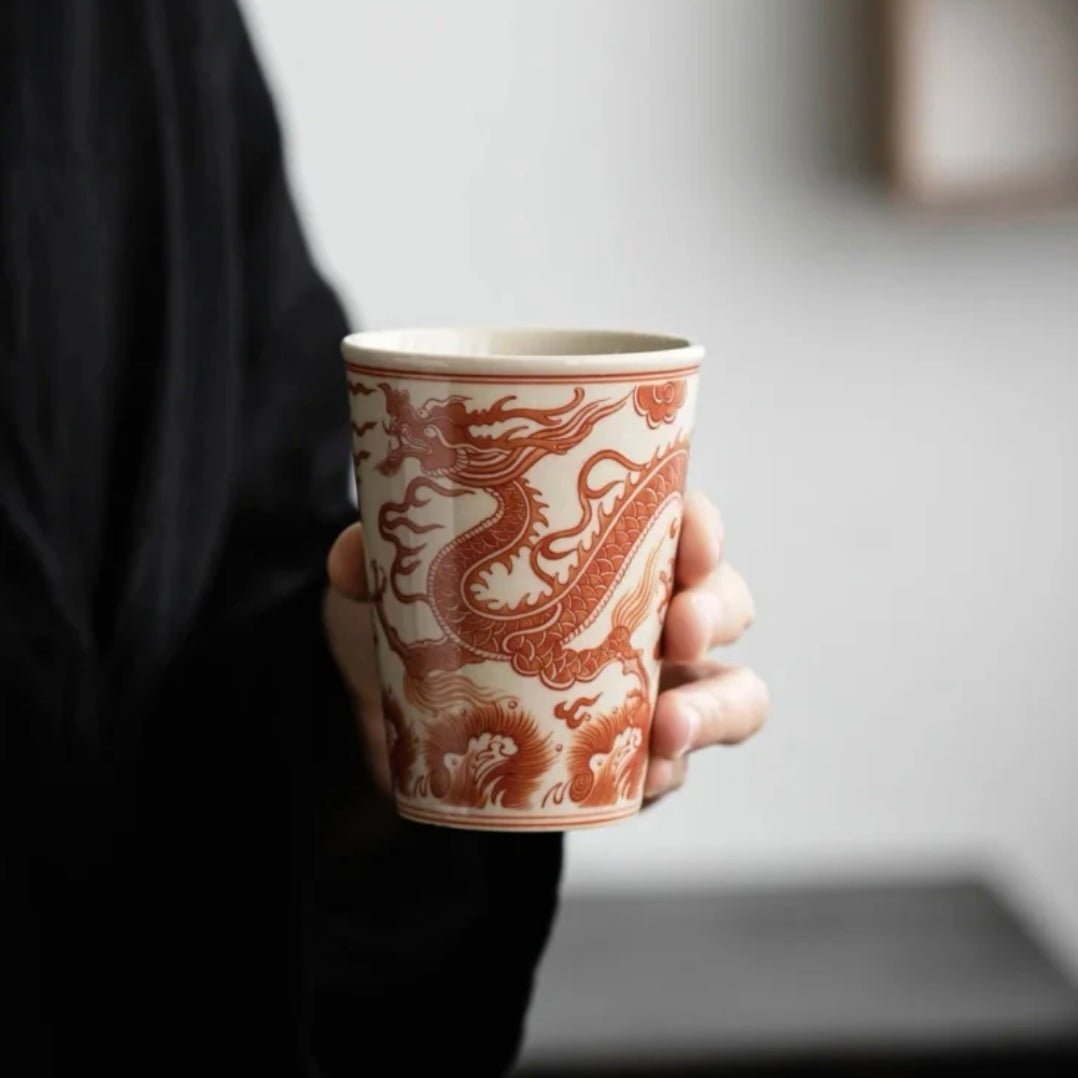 red Dragon Pattern Ceramic Chinese Tea Cup, Traditional & Elegant Teaware